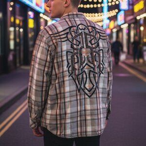 ROAR Embroidered Gray Orange Plaid Long Sleeve Button Up Shirt Mens Size XXL